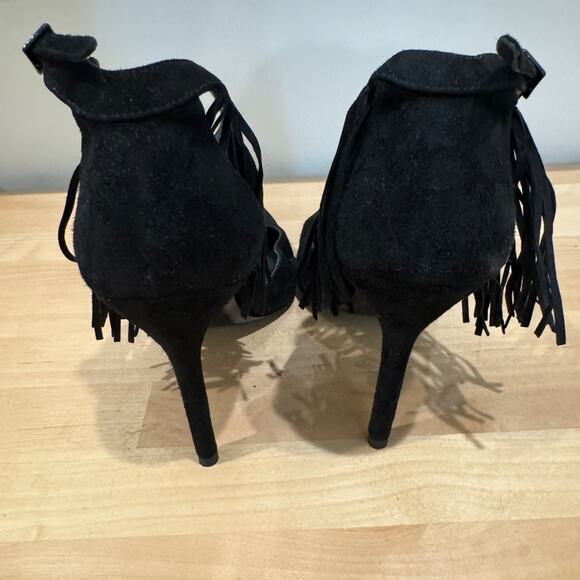 Stuart Weitzman Fringelica Fringe Suede Ankle Strap Pump Black Women Sz 7.5 M - Picture 10 of 16